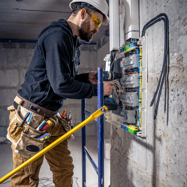 A male electrician works in a switchboard with an electrical connecting cable.