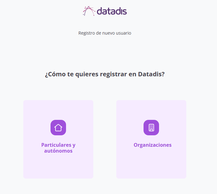 Las opciones del registro son Particulares y autónomos y Organizaciones.
