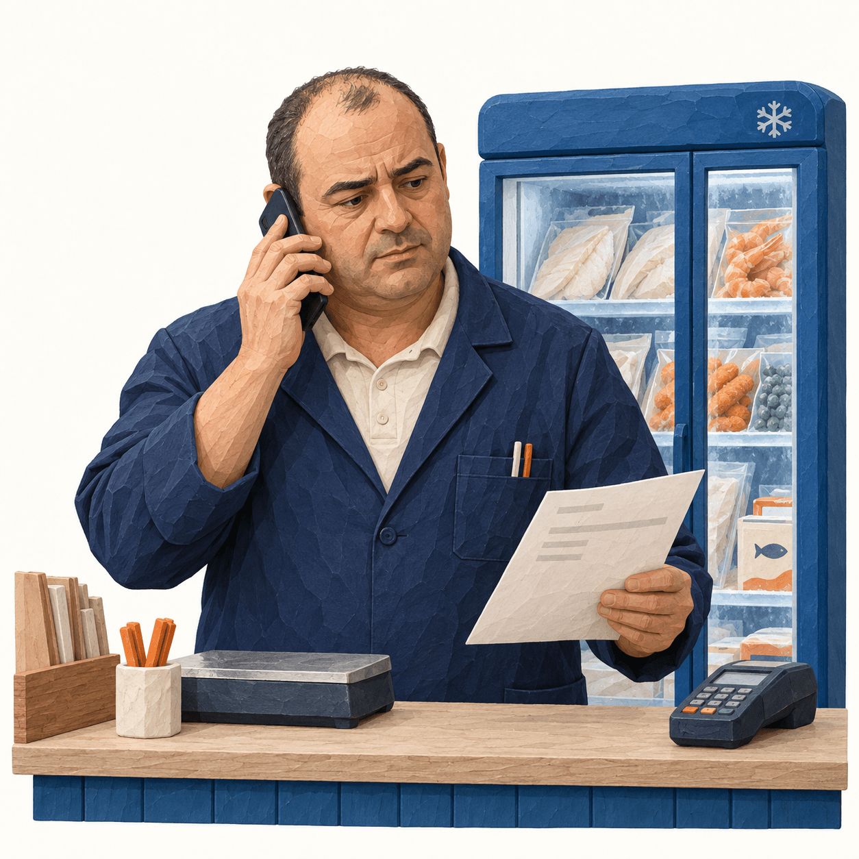 Ilustración del responsable de una tienda de congelados atendiendo una llamada junto a una vitrina frigorífica.