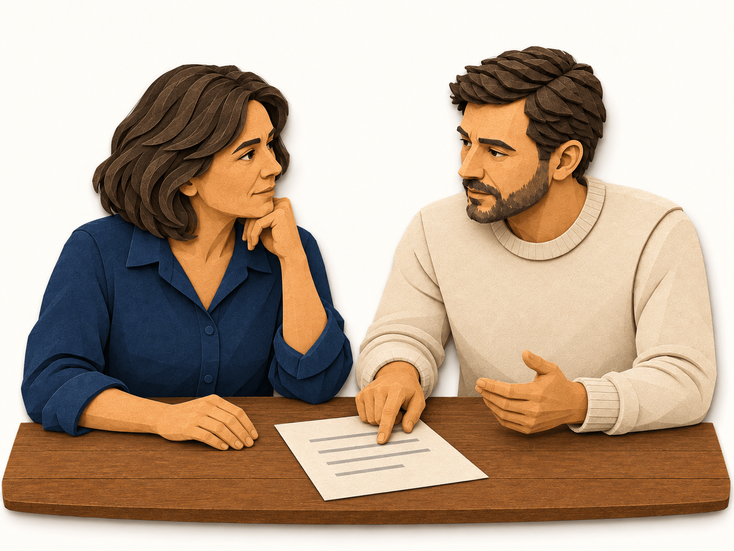 Ilustración de una empresaria conversando con un asesor sobre una factura de luz.