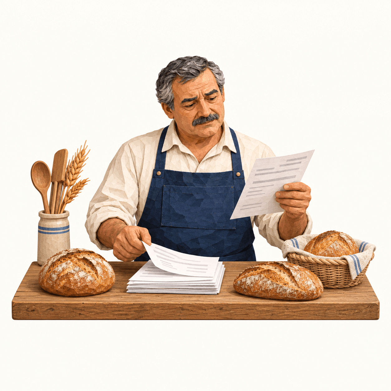 Ilustración de un panadero revisando varias facturas recibidas juntas.