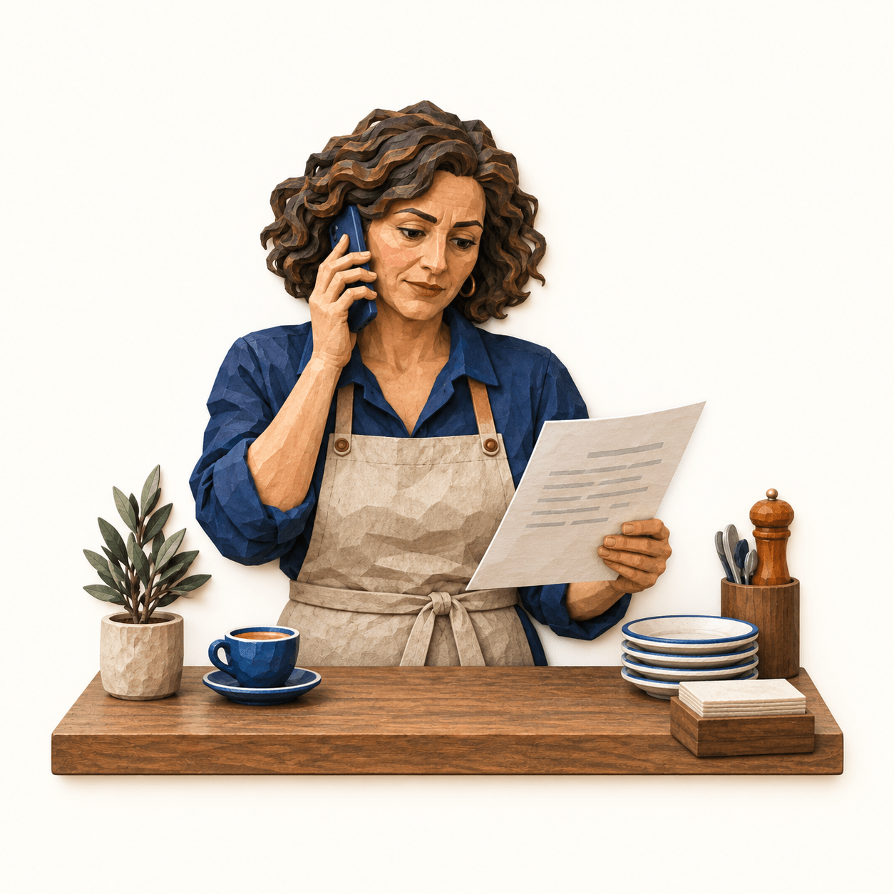 Ilustración de la responsable de un restaurante atendiendo una llamada mientras revisa un documento.