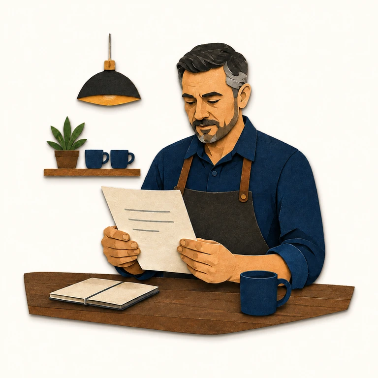Ilustración de un hostelero leyendo una factura en su negocio