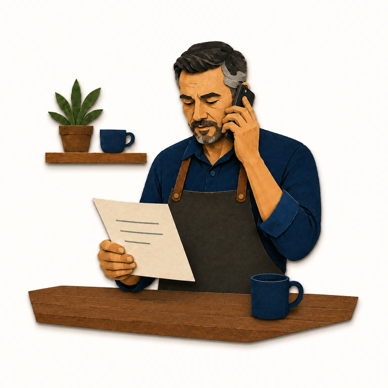 Ilustración del responsable de una cafetería atendiendo una llamada mientras revisa un documento
