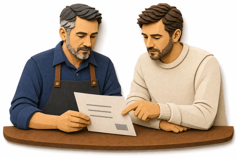 Ilustración de dos personas revisando un documento en una mesa